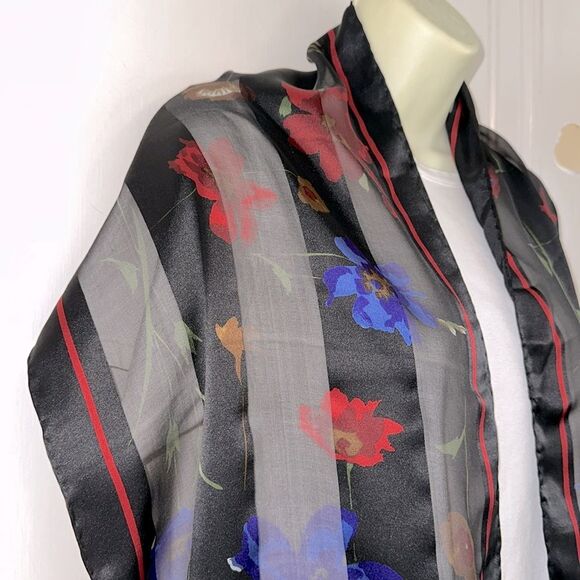 Vintage Bill Blass Semi Sheer Black Silk Long Scarf with Floral Pattern - Picture 5 of 7